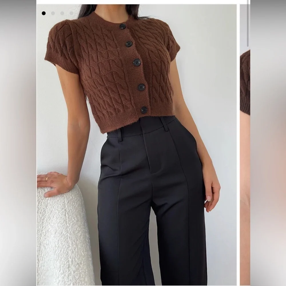 Ann Taylor LOFT mocha brown cable knit short sleeve button up sweater shirt L - Picture 3 of 11